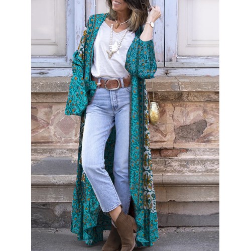 Bohemian Holiday Floral Print Bell Long Sleeve Open Front Cardigan