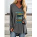 Fish Graphic Long Sleeve V  neck Casual Loose T  shirt