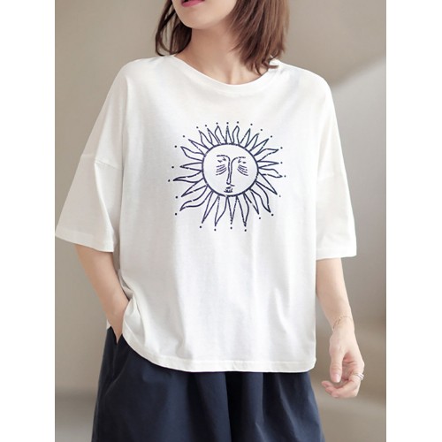 Cartoon Sun Print Short Sleeve Casual Loose T  Shirt