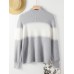 Women Colorblock Kitted Bishop Sleeve Warm High Neck Sweater