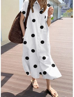 Cottagecore Polka Dot Pocket Lapel Short Sleeve Shirt Dress