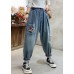 Beautiful Denim Blue Floral Embroideried Elastic Waist Pockets Cotton Harem Pants Summer