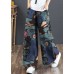 Blue Print Cotton Wide Leg Pants High waist Pockets Summer