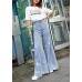 Elegant Denim Blue High Waist Pockets Hole Cotton Wide Leg Pants Summer