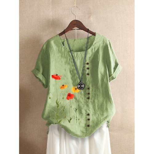 Flower Print O  neck Short Sleeve Button T  Shirt For Women