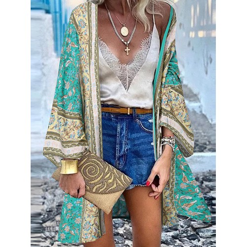 Floral Print Bohemian Open Front Long Sleeve Holiday Cardigan