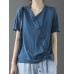 Women loose Solid Color V  neck Short Sleeve Drawstring Ethnic T  Shirt