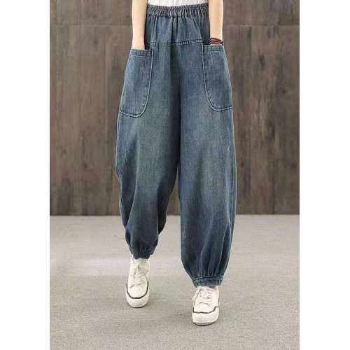 Plus Size Blue Elastic Waist Big Pockets Patchwork Cotton Denim harem Pants Summer