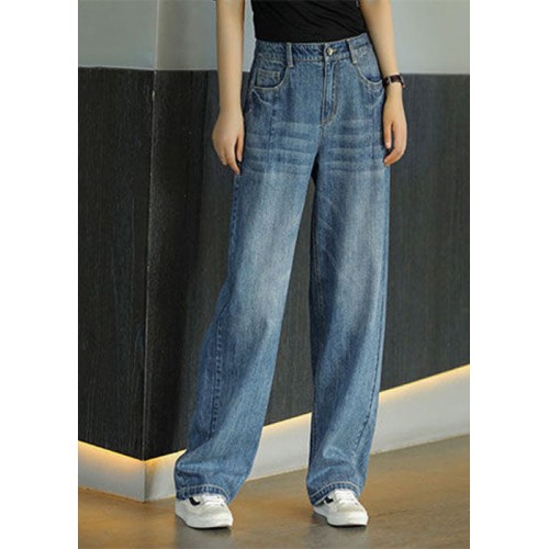 French Denim Blue Elastic Waist Pockets Cotton Straight Pants Summer