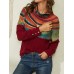 Women Rainbow Striped Print Patchwork Turtleneck Ribbed Sweater