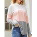 Women Contrast ColorPatchwork Drawstring Long Sleeve Casual Hooded Knit Sweater