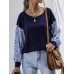 Women Ditsy Floral Print Patchwork Knit Casual Long Sleeve Sweaters