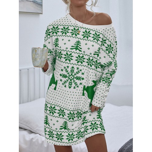 Women Christmas Knit Snowflake Deer Print Crew Neck Casual Sweaters