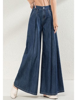 Handmade Navy High Waist Oversized Pockets Cotton Wide Leg Pants Fall