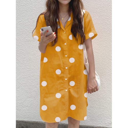 Cottagecore Polka Dot Pocket Button Split Shirt Dress