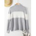 Women Colorblock Kitted Bishop Sleeve Warm High Neck Sweater